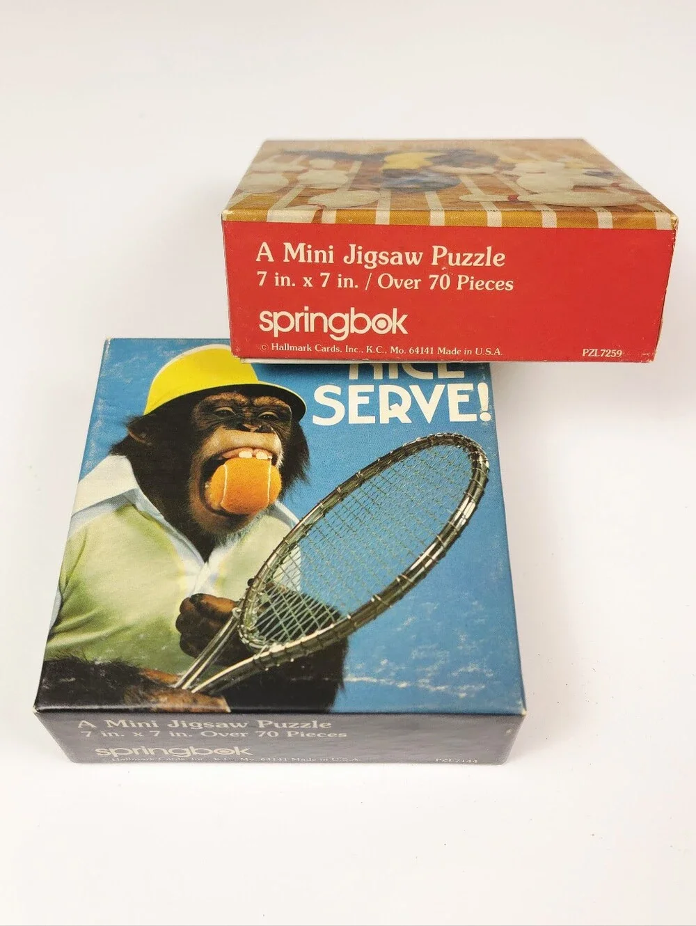 Springbok Vintage 70+  Mini Puzzle Chimpanzee Sports Bowling Tennis Set of 2